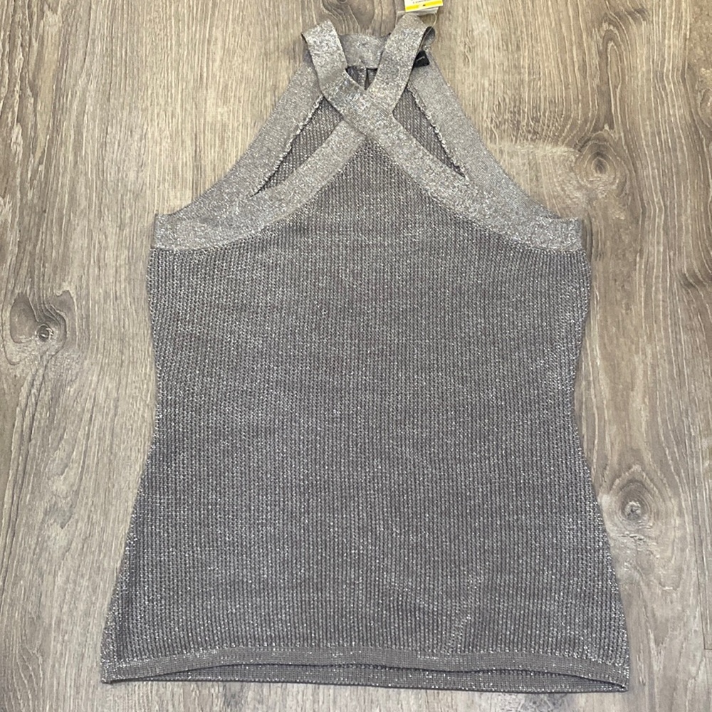 INC • SILVER KNIT HALTER TOP • SZ. M